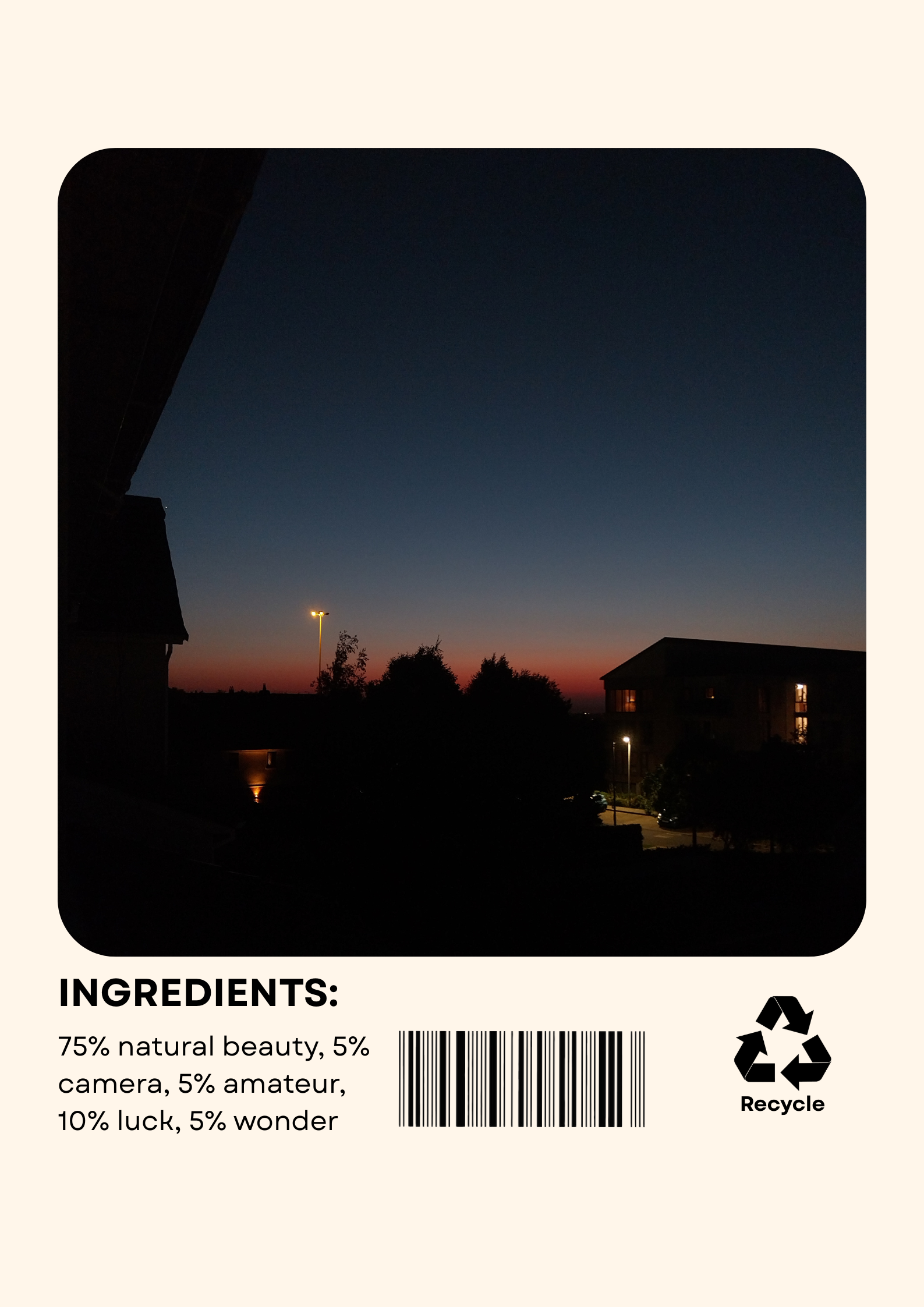 A simple poster listing ingredients of photography in percentages.